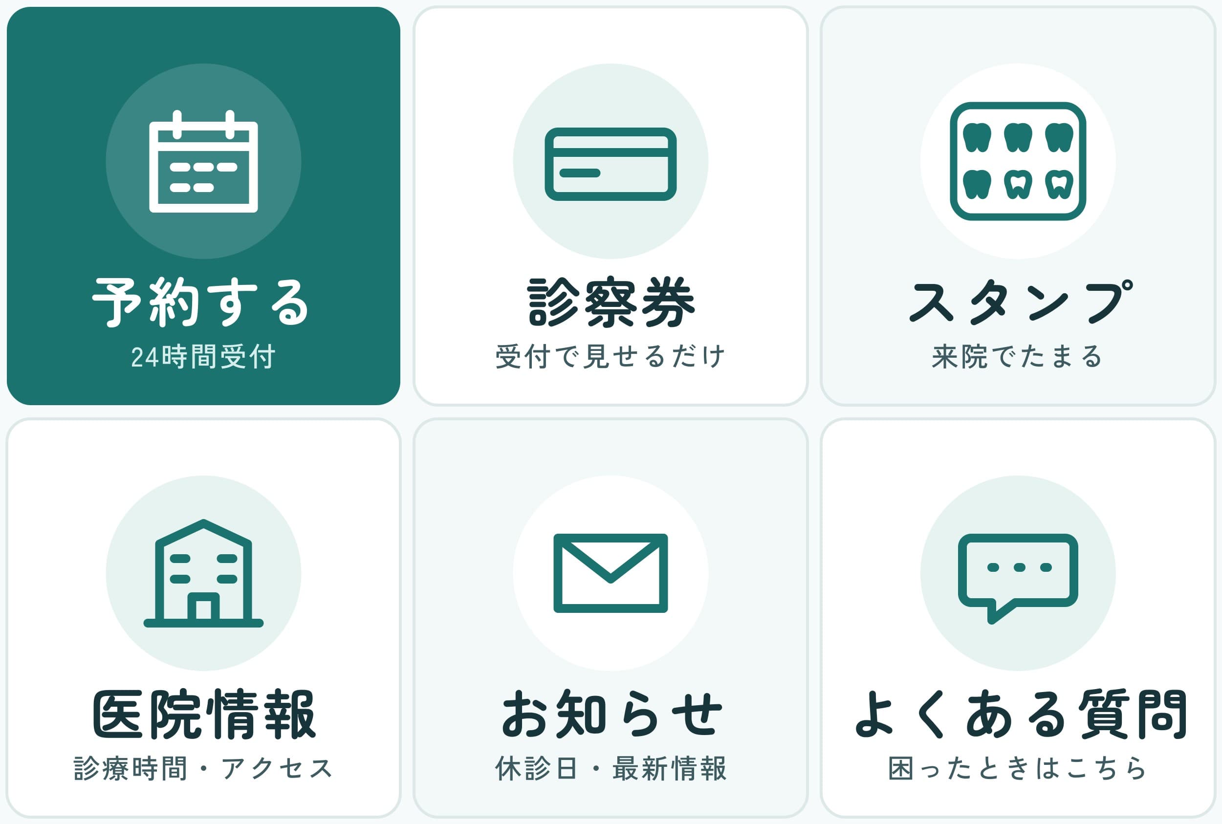 歯科医院向けリッチメニューのデザインサンプル。予約する・診察券・スタンプ・医院情報・お知らせ・よくある質問の6ボタン構成